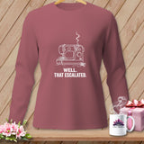 Sweatshirt with sewing machine graphic and text 