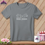 Grey t-shirt with white line art of a sewing machine, mountains, and trees. Text reads 
