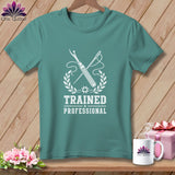 Teal t-shirt with white graphic of sewing tools, wreath, and text 
