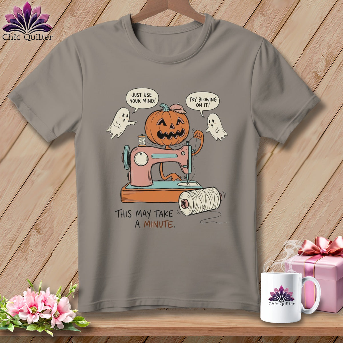 Illustration of a jack-o-lantern sewing machine with ghosts and text.