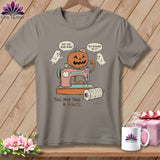 Illustration of a jack-o-lantern sewing machine with ghosts and text.