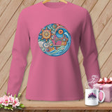 Pink long-sleeve shirt with a colorful circular sewing machine and sun design.