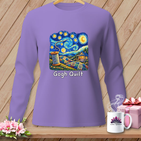 Purple long-sleeve shirt with "Gogh Quilt" graphic featuring a Starry Night scene and spool of thread.