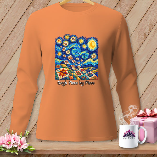 Orange long-sleeve shirt featuring a "Starry Night" quilt design and "Gogh Piece by Piece" text.