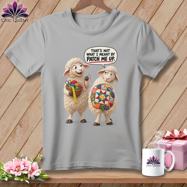 Two sheep with quilting supplies, one saying "Patch me up."