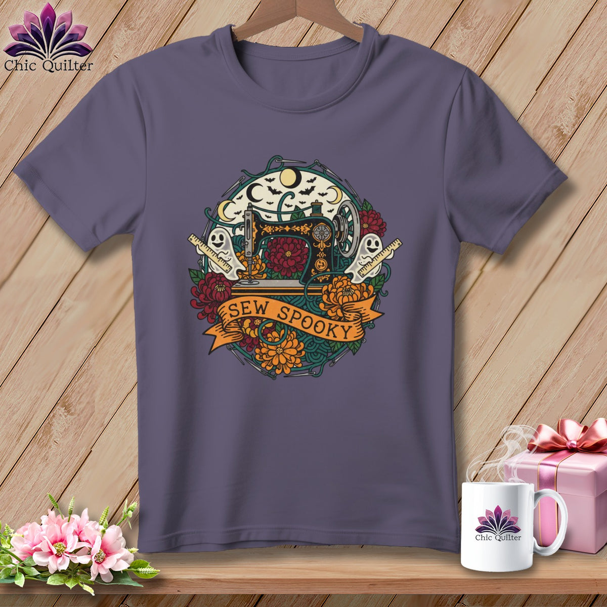 Purple t-shirt with a vintage sewing machine and Halloween design, saying "Sew Spooky".