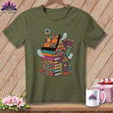 Quilting-themed haunted house design with books, sewing notions, and ghosts on an olive t-shirt.