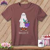 Ghost wearing glasses and holding a craft bag, with 