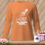 Orange long-sleeve shirt with a white graphic of a rotary cutter and fabric, saying 