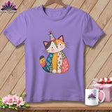 Purple short-sleeved t-shirt hanging on a wooden wall, featuring a patchwork cat graphic wearing a thimble hat.