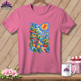 Pink t-shirt featuring a colorful, swirling illustration of quilting supplies including fabric bolts, a needle, and thread.