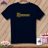 Navy t-shirt with yellow text: 