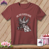 Chicken at sewing machine with quilt and text 