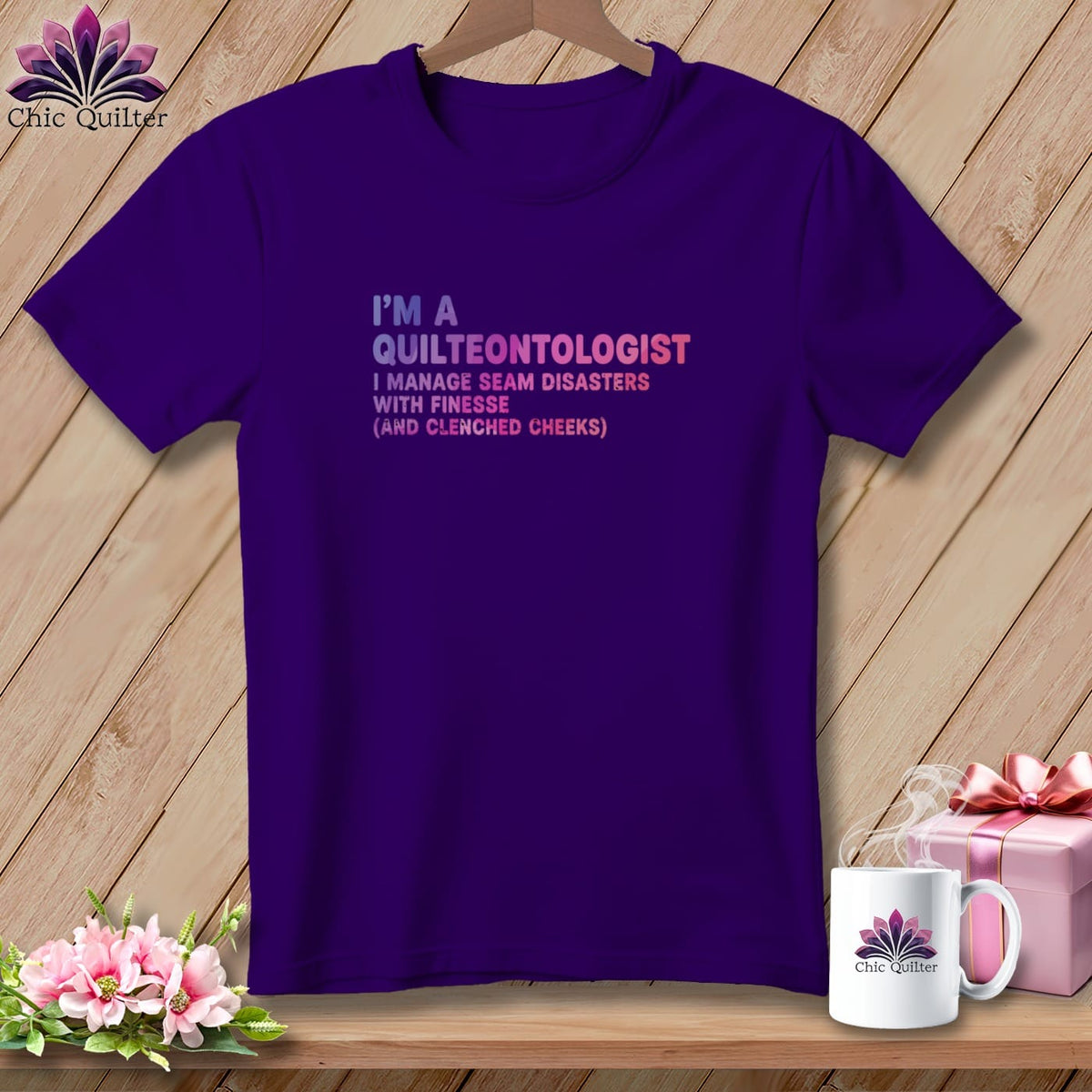 Purple t-shirt with "I'm a Quilteontologist" graphic and mug.
