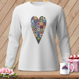 White long-sleeve shirt with a patchwork quilt heart graphic.