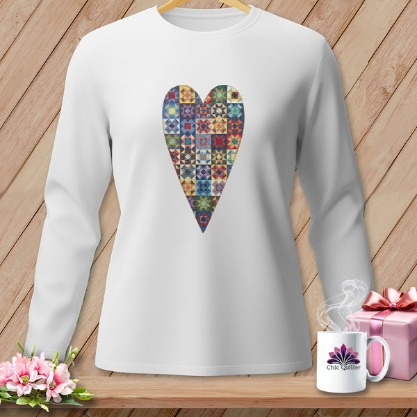 White long-sleeve shirt with a patchwork quilt heart graphic.