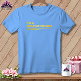Light blue t-shirt with yellow text reading 
