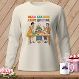 Skeleton women with sewing machine and quilt, text 