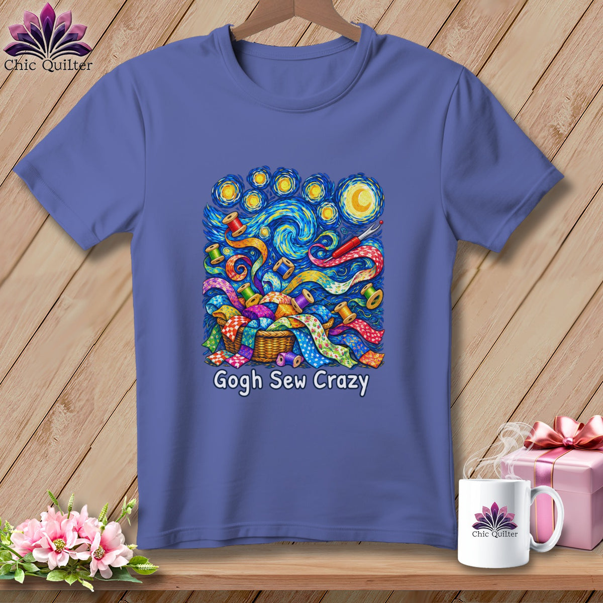 Purple t-shirt with "Gogh Sew Crazy" text and a starry sewing basket design.