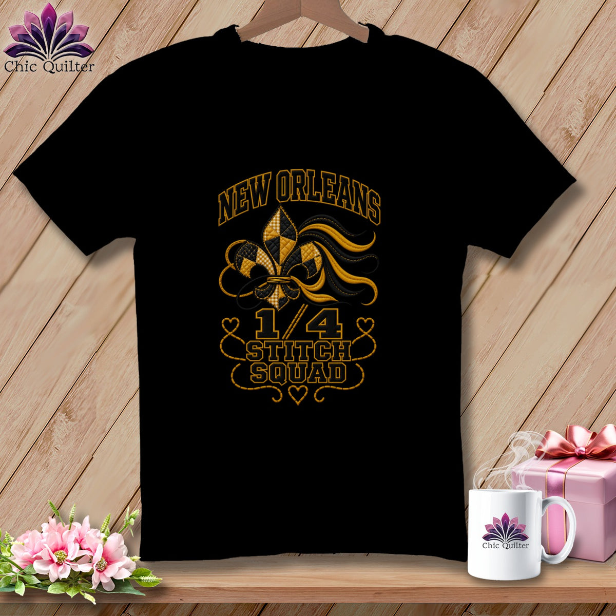 Black short-sleeved t-shirt with a New Orleans Stitch Squad and fleur-de-lis design in yellow and black.