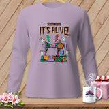 Long-sleeve shirt with a Franken-stitch sewing machine and ghosts graphic that says 