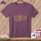 Plum t-shirt on a wooden hanger with a graphic of colorful thread spools.