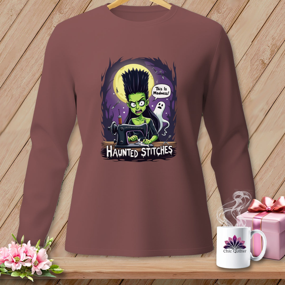 Green monster at sewing machine with ghost and "Haunted Stitches" text.