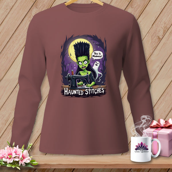 Green monster at sewing machine with ghost and "Haunted Stitches" text.