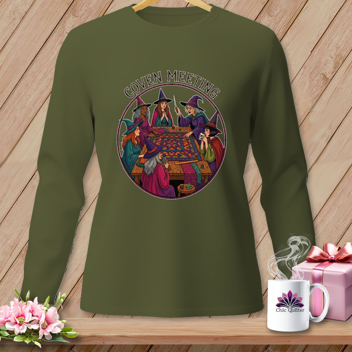 Witches gathered around a table for a coven meeting, with text above.