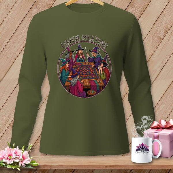 Witches gathered around a table for a coven meeting, with text above.