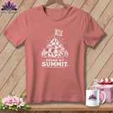Rose t-shirt with white graphic of stacked quilts, flag, and text 