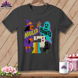 T-shirt graphic of a witch and ghost high-fiving with text 