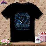 Black short-sleeve t-shirt with blue Carolina Quilter text, panther graphic, and sewing machine spool.