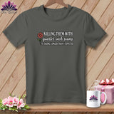 A dark gray t-shirt with text reading Killing them with quarter inch seams is taking longer than I expected.