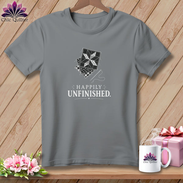 Gray t-shirt with quilting block graphic and "Happily Unfinished" text.