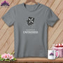 Gray t-shirt with quilting block graphic and "Happily Unfinished" text.