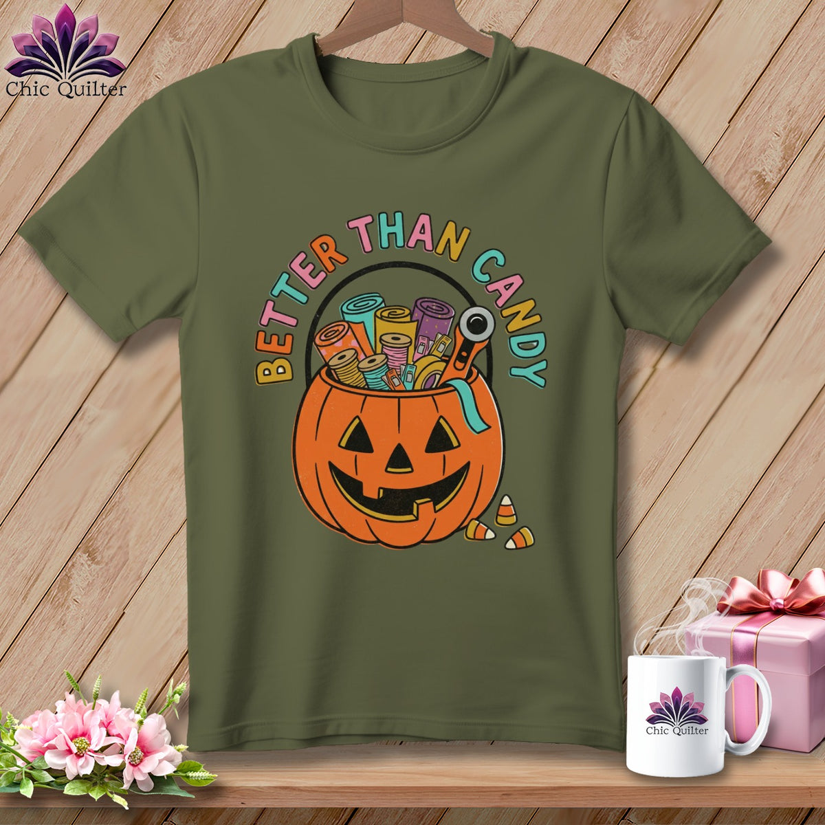 Olive green t-shirt with pumpkin filled with sewing notions and "Better Than Candy" text.