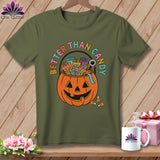 Olive green t-shirt with pumpkin filled with sewing notions and 