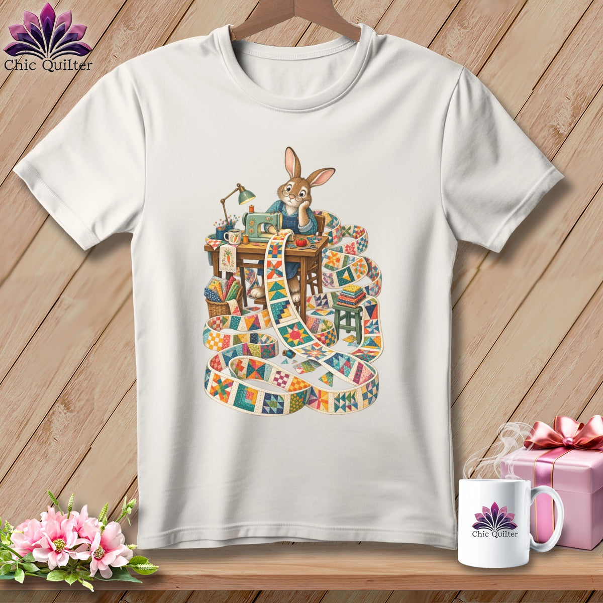 T-shirt with a rabbit sewing a quilt, surrounded by fabric scraps.