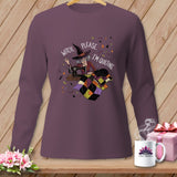 Witch, please. I'm quilting. Graphic on purple long-sleeve shirt.