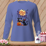 Black cat sewing with pumpkin, text 