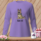 Long sleeve purple shirt with cartoon German Shepherd tangled in colorful yarn, text 