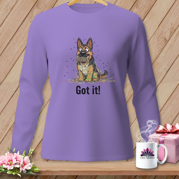 Long sleeve purple shirt with cartoon German Shepherd tangled in colorful yarn, text "Got it!"