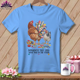 Light blue t-shirt with two chickens and patchwork tail, text reads 