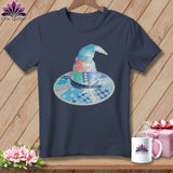 Navy t-shirt with a quilted witch hat graphic and the text 