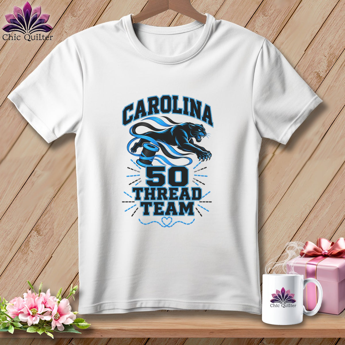 A white t-shirt features a blue panther design with the text CAROLINA 50 THREAD TEAM.