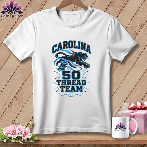 A white t-shirt features a blue panther design with the text CAROLINA 50 THREAD TEAM.