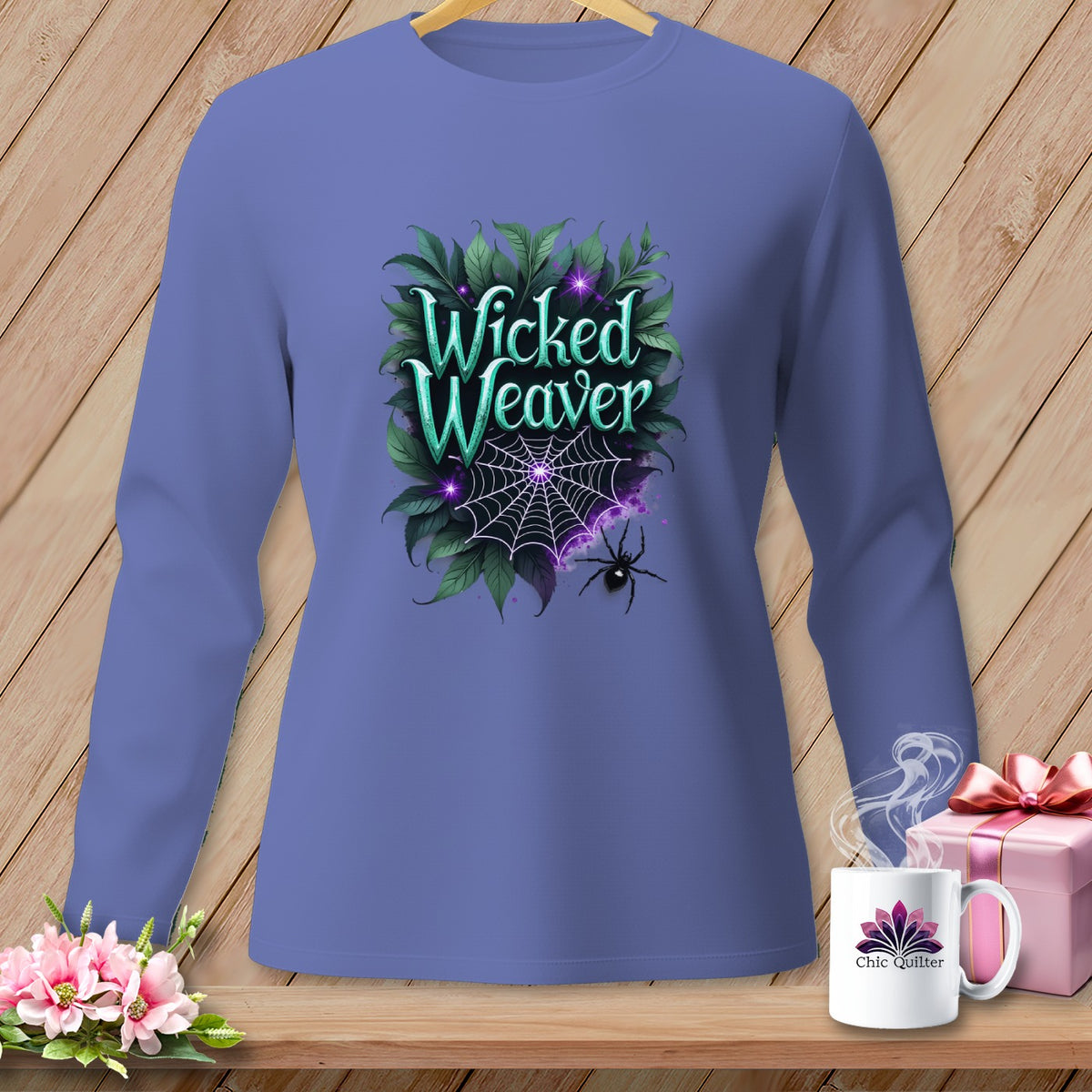 Purple long-sleeve shirt with "Wicked Weaver" text, spider, and web graphic.