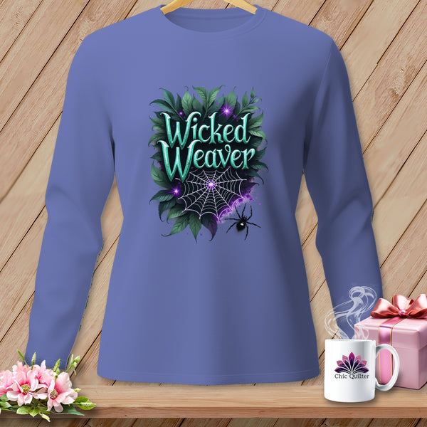 Purple long-sleeve shirt with "Wicked Weaver" text, spider, and web graphic.