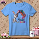 Light blue t-shirt with a grumpy bunny and the text 